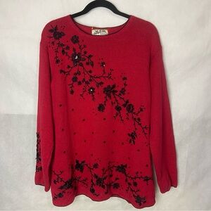 ♥️6 Hour SALE♥️ Vintage Holiday Red Floral Embroidered Beads & Sequins Sweater